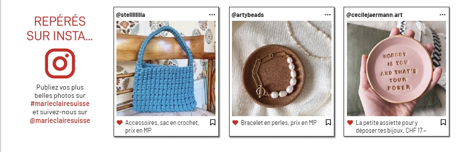 Publication Instagram de Stelllllllla mettant en avant une création artistique. Publication Instagram de arty_beads présentant des bijoux artisanaux. Publication Instagram de Cécile Jaermann montrant des créations artisanales et des mots inspirants. 