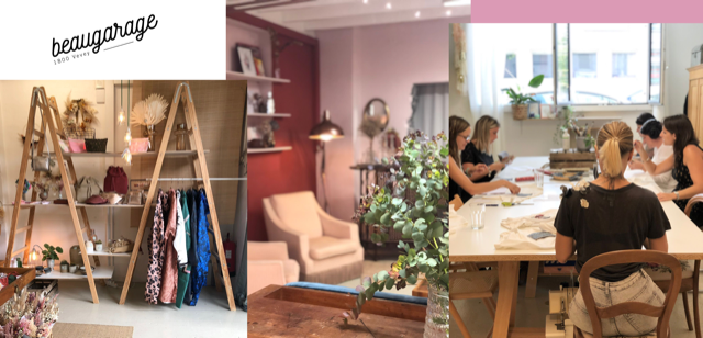 Intérieur du concept store Beaugarage avec une ambiance chaleureuse, présentant diverses créations locales allant de la mode à la céramique. Pop-up créateurs locaux Etam & Beaugarage